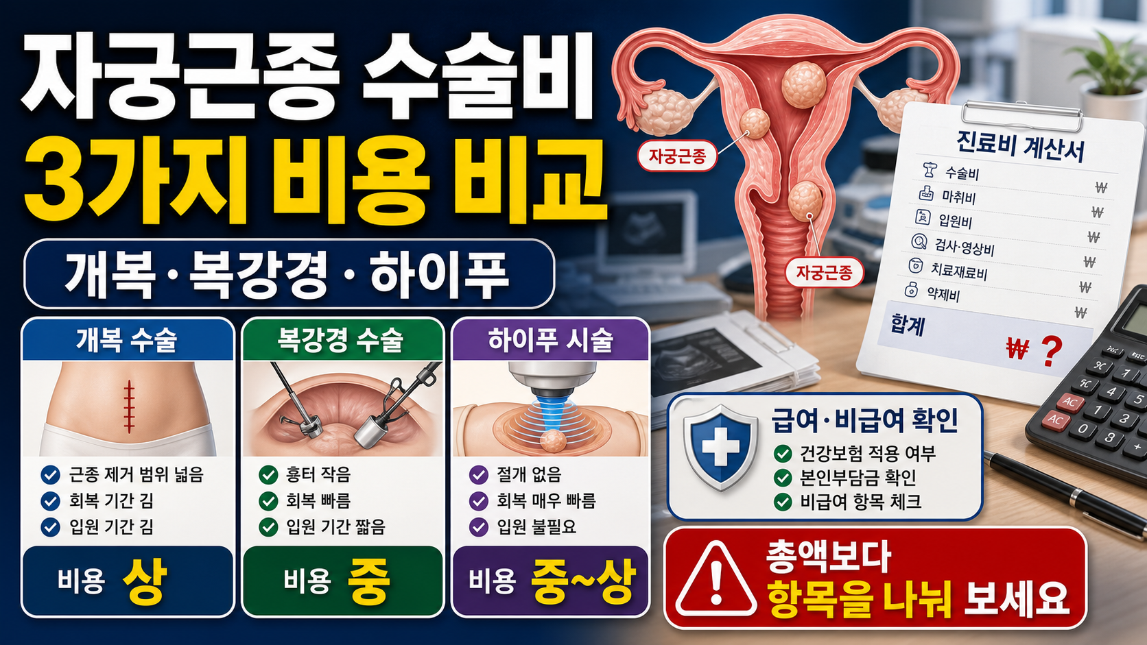 자궁근종 수술비, 개복·복강경·하이푸 비용 비교