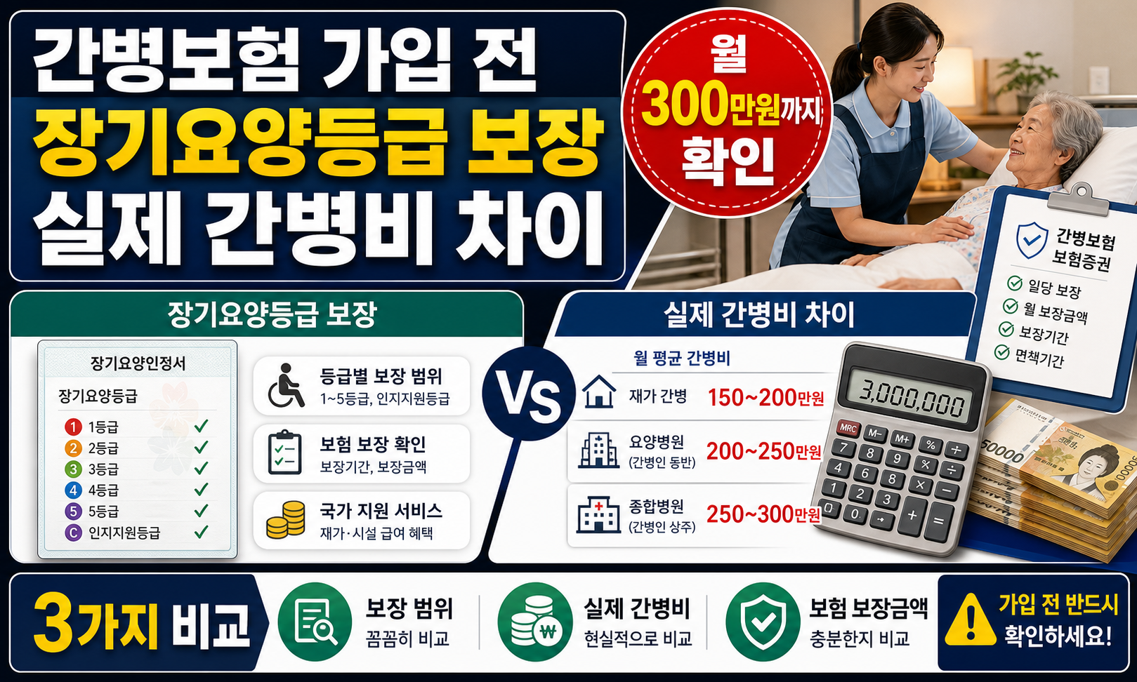 간병보험 가입 전 장기요양등급 보장과 실제 간병비 차이를 비교한 썸네일