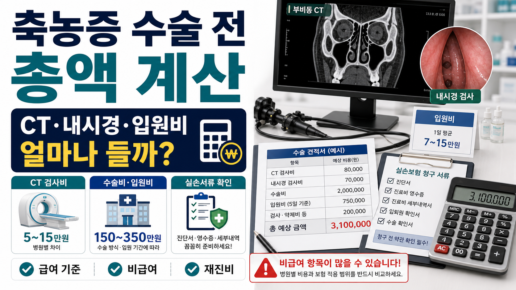 축농증 수술 전, CT·내시경·입원비까지 총액 계산