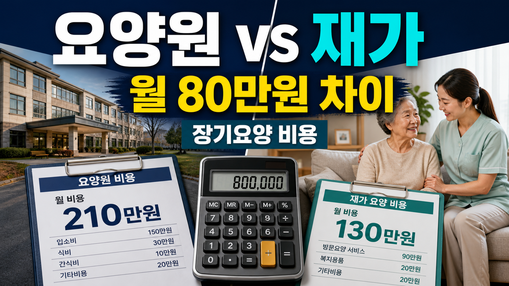 시설급여와 재가급여, 장기요양 등급별 월 비용 비교