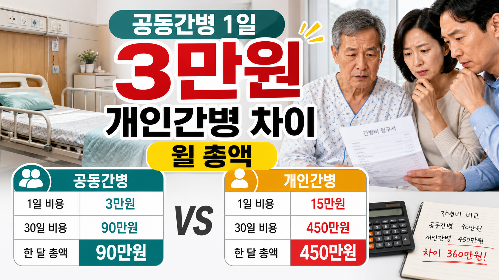 요양병원 공동간병 1일 3만원, 개인간병과 총액 차이